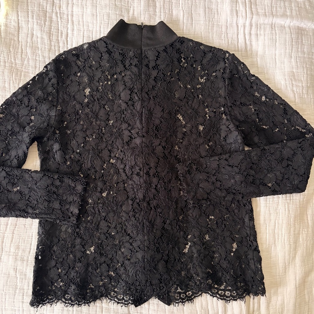 Sandro Black Sheer Floral Lace Ruffle-Front Mock Neck Long Sleeve Blouse 2/US M - Picture 11 of 12
